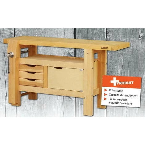 Outifrance – Etabli Bois De Menuisier 300Kg Long 1,5m à Caisson + 3 Tiroirs Et 1 Presse 3 Outifrance – Etabli Bois De Menuisier 300Kg Long 1,5m à Caisson + 3 Tiroirs Et 1 Presse